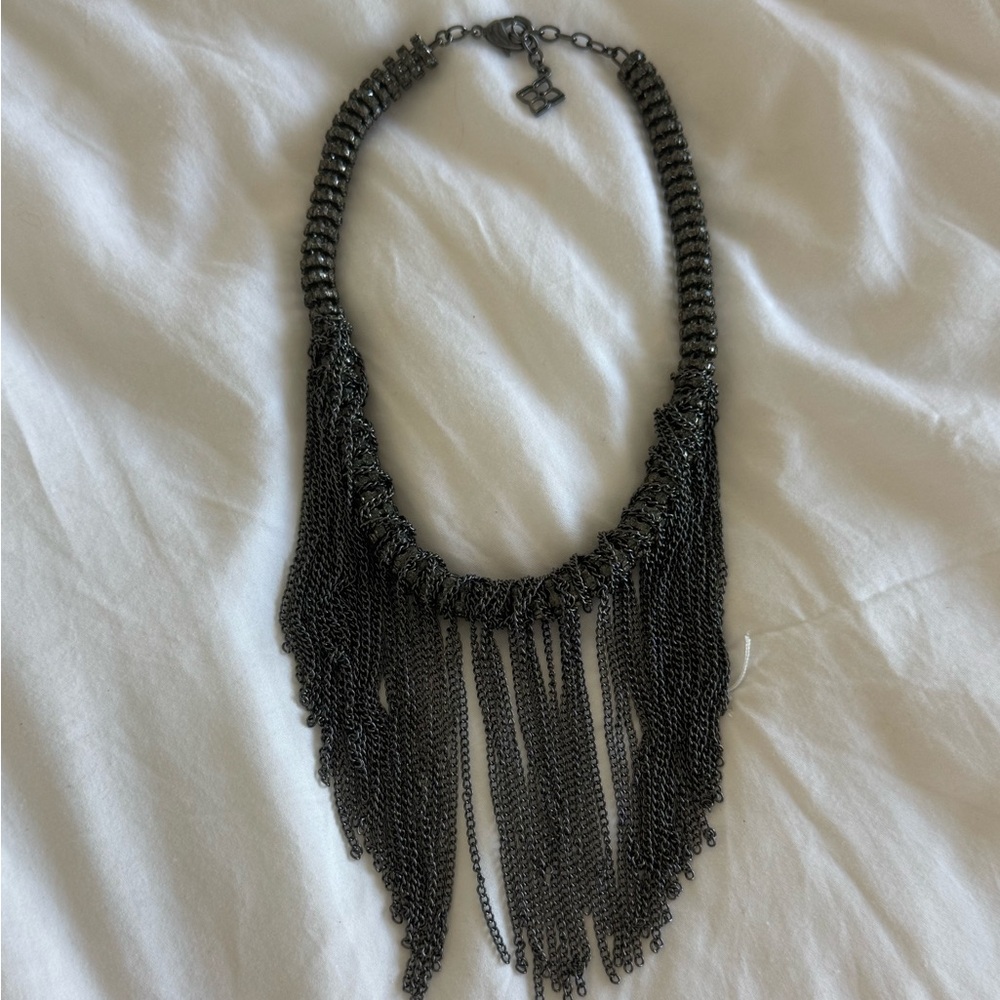 BCBG Dark Metallic Fringe Necklace